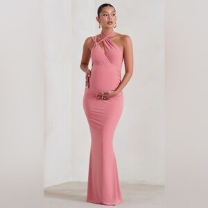 BLUSH PINK MATERNITY HALTER ASYMMETRIC MAXI DRESS WITH CUT OUT